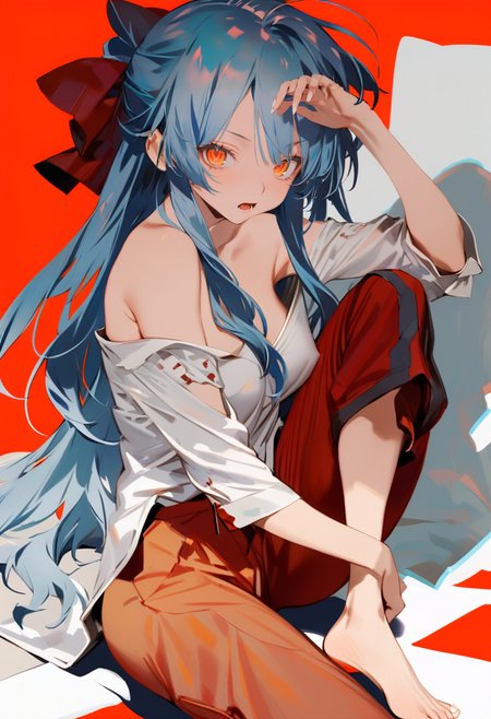 masterpiece, best quality, <lora:reiXL_ANI31_lokr_V4312:0.95> 1girl, long hair, solo, hair bow, pants, bow, fujiwara no mokou, barefoot, red pants, looking at viewer, open mouth, red bow, orange eyes, bare shoulders, shirt, very long hair, grey hair, breasts, white shirt, blue hair, red background, orange background, red eyes, knee up, sitting, bare arms, foot out of frame, arm up