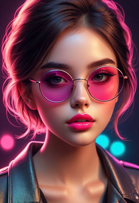 22 year old girl,
oversized round glasses. 
shy appearance,  big and
expressive eyes, 
her lips pouty with a shine. 
distinctive color palette dominated by neon tones, 
subdued lighting casting soft shadows, 
Hyperrealism, 
digital painting 
SunGlass