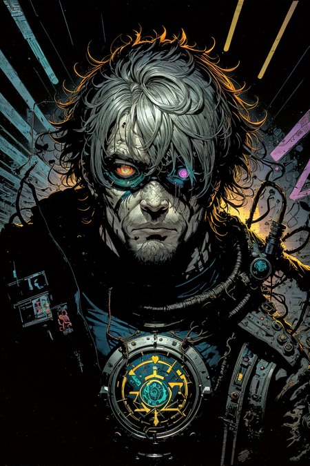 (masterpiece:1), (best quality:1), high contrast, strong shadows, outlines, <lora:graphicNovelStyle_v10:0.2>,
(1man, muscular adult  male:1.2),  jade eyes, gray hair, shaggy hair, 
<lora:GoodHands-beta2:0.8>,
Style-GravityMagic, solo, upper body, (glowing eyes:1.1),looking up, detailed background, detailed face, (madmax theme:1.1), techno-shaman, trance-like expression, Introspective aura, wearing  shamanic robes, goggles, , gadgets, tribal quantum markings,   intertwining of ancient magic and engineering, digital vision quest, , cyber-trance, , bio-techno rituals,    lit-up  runes, cinematic atmosphere,
