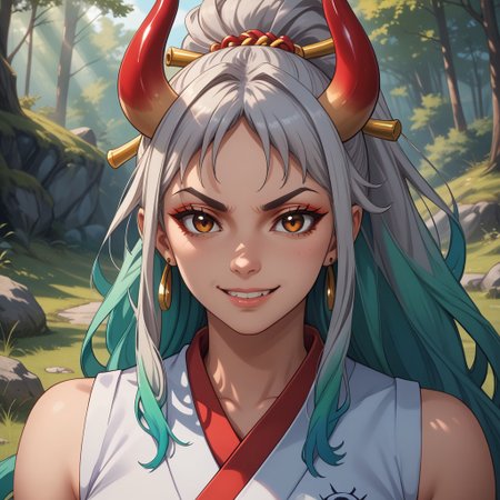 score_9, score_8, BREAK, solo, yamato, ahoge, aqua hair, brown eyes, earrings, grey hair, green hair, hair ornament, hair stick, high ponytail, long hair, multicolored hair, multicolored horns, oni, shimenawa, sidelocks, v-shaped eyebrows, very long hair, sexy pose, self portrait, smile, looking at viewer, outdoors, sunlight, shadows, evening lighting, natural lighting, forest, trees, grass, orange sky, sunset