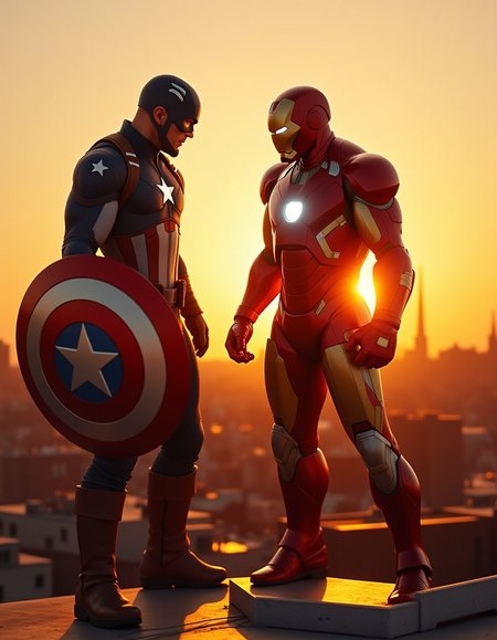 A double exposure photograph capturing a battle between Iron Man and Captain America. The image is shot in stunning 8K resolution with an absurd resolution of 12000 x 6000 pixels, resulting in ultra-sharp lines and highly detailed textures. The scene takes place on a rooftop during sunset, creating a cinematic atmosphere with warm hues and soft shadows. Iron Man stands confidently with his suit glowing in the low light conditions, while Captain America wields his shield with determination.