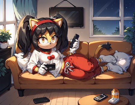 score_9, score_8_up, rating_safe, Sonic (series), solo, honey the cat, black hair, twintails, frilly hairbands, red hairband, short stack, laying on couch, holding remote, watching television, medium breasts, baggy pajama pants, oversized shirt, socks, living room, couch, window, night <lora:Smooth Anime 2 Style SDXL_LoRA_Pony Diffusion V6 XL:0.8>   <lora:HoneySDXL:0.75>