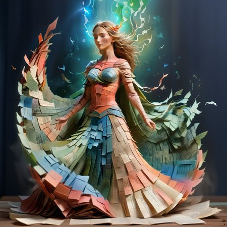 An open tome with an ethereal (woman made up of pages) dressed like a warrior rising from the pages, embodying noble character surrounded by symbols of grace strength and magic
PaperCutout style, endposit_notesmorph, paper sticky notes,  made from 3m post it notes, post it notes, paper texture