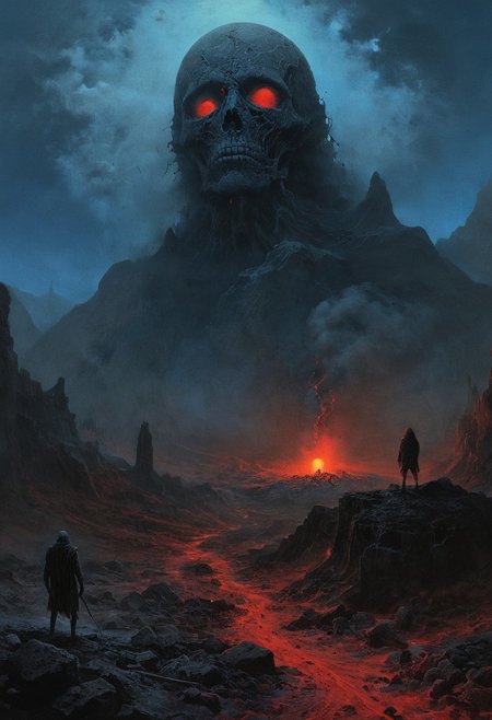 mountain of the dead, landscape, volcano, ash, gray stone, ghoul, halo, digital artwork by Beksinski, vibrant colors, red theme, full moon