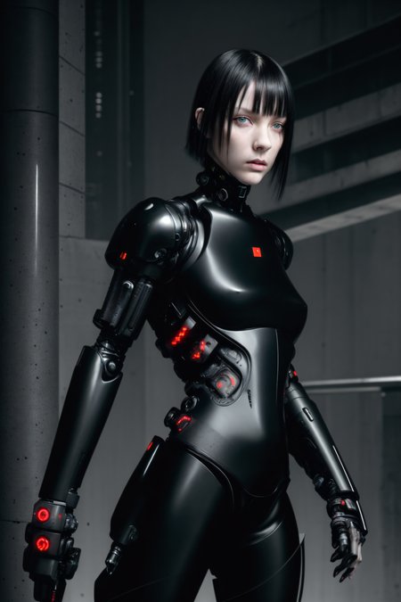 dark colors,RAW photo,realistic,detailed,8k uhd, dslr,sharp,volumetrics dtx,soft lighting,futuristic,((Sanakan (safeguard))), ((pale skin)), beautiful woman, (cyborg), (short black hair),  (bangs between eyes)),menacing,closed mouth,portrait, tubes, concrete, mega structures,decrepit scenery, <lora:blamev2:0.7>