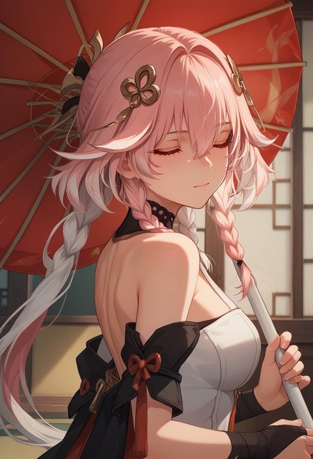 score_9_up, score_8_up, score_7_up, extreamly detailed, beautiful detailed face, complex detailed background, 1girl, BREAK, 
CHANG LI, long hair, bangs, hair ornament, hair between eyes, bare shoulders, closed mouth, closed eyes, upper body, pink hair, braid, white hair, multicolored hair, indoors, twin braids, umbrella