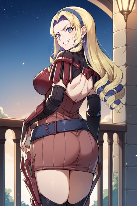 score_9, score_8_up, score_7_up, score_6_up, source_anime, BREAK 1girl, <lora:constance-pdxl-nvwls-v1-000005:1> warconstance, multicolored hair, long hair, blue hairband, earrings, red dress, short dress, armored dress, belt, gauntlets, big breasts, from behind, balcony, night sky, looking at you, grin, ass support