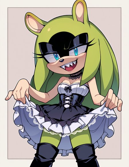 zPDXL, score_9, score_8_up, score_7_up, score_6_up, score_5_up, source_anime, 4k, absurdres, 1girl, solo,
<lora:Surge_v2mini_LoCon:0.8> surge the tenrec, (green fur), (black fur), two-tone fur, aqua eyes, black eyeshadow, long quills, shaded face, quills down,
sharp teeth,  petite, small breasts, (gothiclolita wearing Corset top with lace-up back, lace petticoat with scalloped hem, cameo hair clip, lace-up knee-high boots, lace choker adorned with a cameo pendant),
