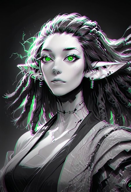score_9, score_8_up, score_8, female, cel-shading, backlit, delicate features, very long hair, (dreadlocks), upper body, big breasts, techwear, cyborg, pointy elf ears, multiple ear piercings, techwear, dynamic pose, freckles, tan, colorvsgrey, monochrome, green glowing machine parts, hair oranments, kimono, electrical arcs,