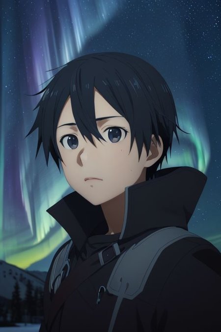 high resolution, solo, best quality, 1Boy, Kazuto Kirigaya, portraits, Black Hair, Black Eyes, winter, Northern Lights, Stargazing, OverallDetail