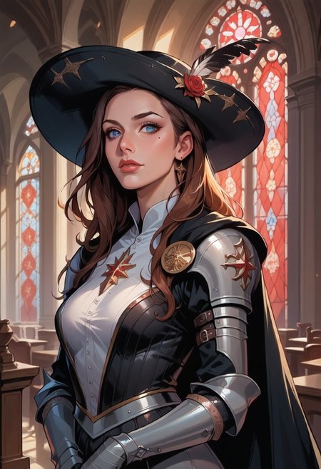 score_9, score_8_up, score_7_up, 8k, portrait, upper body, concept art twilight, vintage illustration,
1girl, solo, female, clothes, brown hair:1.3, ombre hair, long hair, dark-blue eyes, mole under eye, beautiful, 
dynamic pose, medieval, heavy armor, leather armor, plate armor, black cape, feathered hat, large feather, large hat:1.4, wide-brimmed hat, inquisitor, inquisitor hat, red hat, in a cathedral, gothic stained glass windows, beautifully backlit, depth of field:1.5, indirect lighting:1.3, high contrast shadows, dramatic shadows across face:1.2, cinematic lighting on face, cowboy hat,