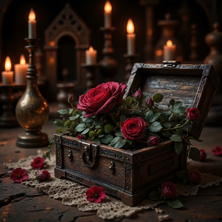 A beautiful dry rose hidden inside an opened medieval wooden ornated chest. The chest is placed on an table with laced cloth. Dimmed crimson light. Dark monastery dungeon with lit candles in background. role-playing game (RPG) style, fantasy, detailed, vibrant, immersive, reminiscent of high fantasy RPG games