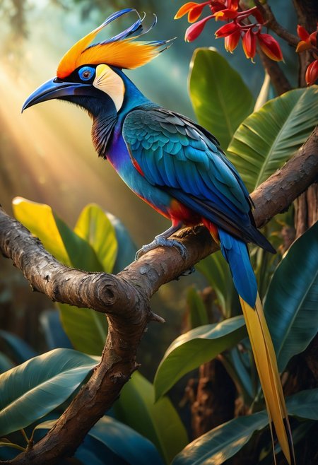 An extraordinary bird-of-paradise perches on a detailed branch of a oak tree, representing an undiscovered species. Its plumage dazzles in vibrant shades of blue and yellow and red. The bird's presence exudes an air of mystery and allure, embodying the beauty of undiscovered biodiversity. photography, Natural geographic photo, Hyper-realistic, 16k resolution, (masterpiece, award winning artwork), many details, extreme detailed, full of details, Wide range of colors, high Dynamic, ink painting, acrylic, cute animal, sunrise, 2d, flat, cute, adorable, vintage, art, fairytale, storybook detailed illustration, cinematic, ultra highly detailed, tiny details, beautiful details, mystical, luminism, vibrant colors, complex background, stunning, energy, molecular, textures, iridescent and luminescent scales, breathtaking beauty, pure perfection, divine presence, unforgettable, impressive, breathtaking beauty, volumetric light, auras, rays, vivid colors reflects, magnificent, celestial, ethereal, epic, magical, dreamy, chiaroscuro, atmospheric lighting,