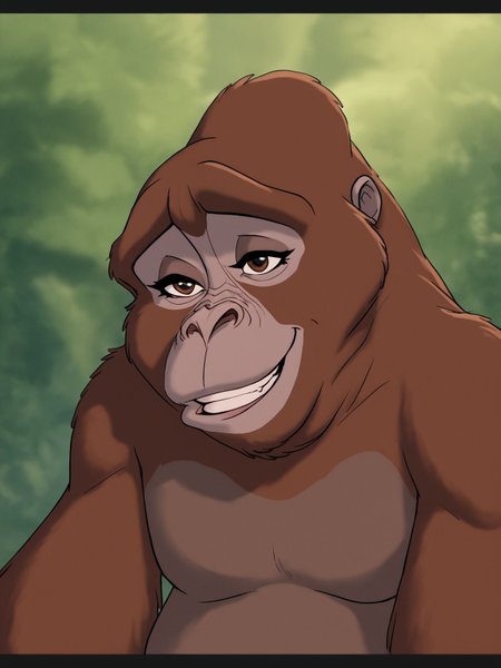 score_9,score_8,source_furry,
<1girl:1.5>,
<solo:1.5>,
kala_tarzan, kala_gorilla, gorilla girl, solo, smile, no humans, teeth, female focus, letterboxed, 1girl, monkey, 1girl, brown fur, furry female,cute, cute eyes,long eyelashes,feminine,sexy,bedroom eyes, makeup,
<lora:Kala_Tarzan:1> kala_tarzan