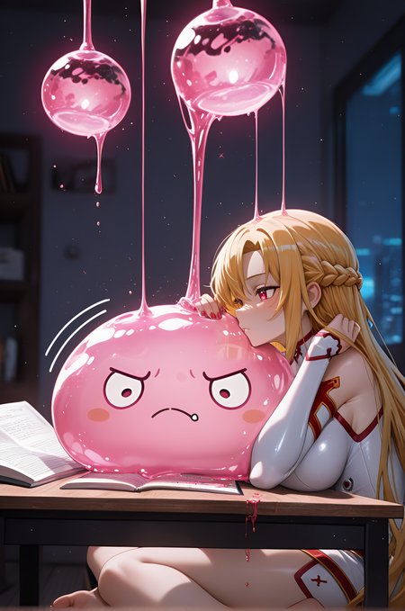 ink in water, hanging breasts, studying, large breasts, depth of field, powerful build, barefoot, dark skin, long hair, cybernetic limb, ultra-detailed, anime character, Streaked hair, afternoon, in the style of ck-neon, amazing quality, motion_blur:1.1, absurdres, RTX, drizzle, Glow / Glowing Elements / Luminous, Pastel yellow hair, motion_lines:1.1, Grassy coastal cliff edge, newest, Asuna Yuuki (Sword Art Online), angel, best quality, 8K, nail_polish, absolutely eye-catching, elbow on desk, Blood Fiend Stabilization Suit - Specialized clothing that helps hybrid beings maintain human form., Three-quarter view, 1girl, Mentor (Grumpy), ambient occlusion, Pink Theme, very aesthetic, masterpiece, slime_(creature), Sitting with chin resting on palm