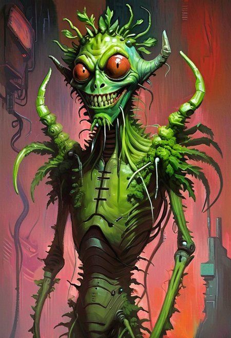 w4rh4mm3r style oil painting, grimdark, cybernetic , 
tall creepy celery man monster, lascivious smile