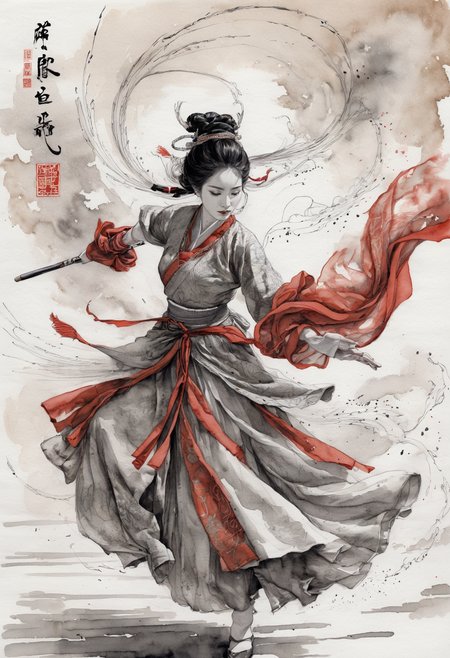 Hero comic Japanese Ink Drawing, A female in Song dynasty style Hanfu, her red Songmo headdress fluttering in the wind. She wields the (ink pen) with one hand, her swordplay agile and powerful, as if ready to leap into the air at any moment.
Action: Each of her sword dance movements is filled with passion and strength, her hair flying wildly with the vigorous motions, like flames dancing in the air.
Background: The background is simplified, sketched with light ink strokes, highlighting the fluidity and power of the character's movements.
Style Features: Utilizes shades of ink and precise strokes to capture the elegance of the clothing and the dynamism of the sword dance, aiming to present an artistic effect that combines motion and stillness., ink drawing, inkwash, Japanese Ink Drawing. graphic illustration, comic art, graphic novel art, vibrant, highly detailed. Color-themed narratives, calligraphy, strategic battles, palace intrigue, vast deserts, rain-soaked duels, cinematic, highly detailed, sharp focus, ambient composition, dynamic dramatic heavenly atmosphere
