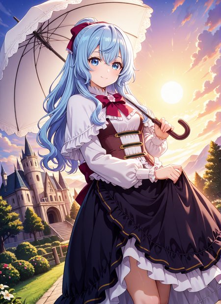 source_anime BREAK prefect lighting,very aesthetic,prefect hands,best quality,
intricate details,highly detailed background,(masterpiece:0.9),high quality,lustrous_skin,skindentation,(zPDXL3),
ultra delicate hair,
face_detail,
skin_detail,<lora:cfg_scale_boost>,
lustrous_skin,skindentation,
shiny skin,
<lora:seirei_gensouki_-_liselotte_cretia_il:0.7>,liselotte_cretia,long_hair,hair_between_eyes,blue_hair,ponytail,purple_bow,hair_bow,blue_eyes,
white_shirt,long_sleeves,white_dress,frills,black_skirt,red_bowtie,white_capelet,frilled_capelet,
masterpiece,best quality,ultra-detailed,Best-A,Medium-B,Low-C,Bad-D,cute,light_blush,dynamic_angle,
looking at viewer,small breasts,blush,smile,
in summer,flowers meadows,castle,park,umbrella,hold an umbrella,sun,