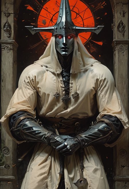 ((score_9, score_8_up, score_7_up)),  1man, face focus,red glowing eyes trough iron spike medieval, muscular, facing viewer, taarakian, high fantasy, heavy metal, , red and black barbarian outfit, axe , dynamic pose, detailed background, masterpiece, HMstyle, ghotic church in background, executioner big axe