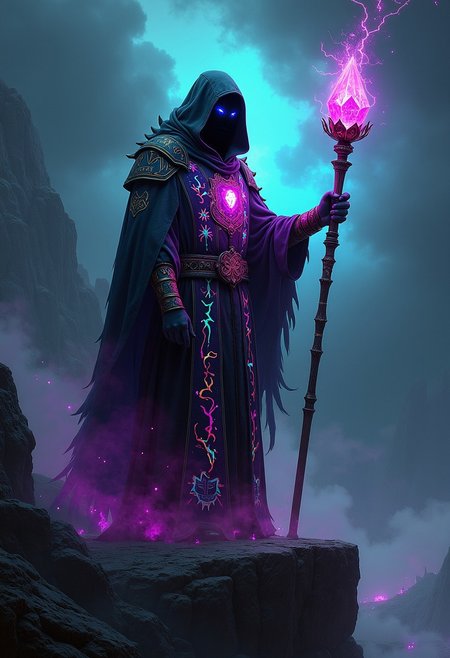 A dark fantasy mage stands atop a jagged cliff under a stormy sky, their figure radiating with neon glow vibrant style. Their robes are a chaotic blend of deep black and shimmering neon hues, glowing with pulsating runes etched in violet, cyan, and electric green. In one hand, they hold a staff crowned with a crystal that emits sharp, prismatic light, cutting through the gloom. Around them, magical sigils float in the air, spinning and crackling with luminous energy. The mage’s eyes burn with the same neon brilliance, their piercing stare commanding the very fabric of reality. The background is a stark contrast, a dark and desolate wasteland, illuminated only by the mage’s radiant aura, as if they are the last light in a world of shadow.