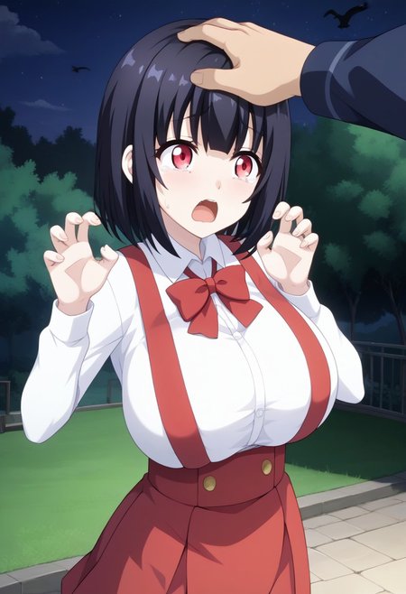 score_9,score_8_up,score_7_up,score_6_up, source_anime, BREAK, 
(headpat, 2girl pov hands), (upper body shot),  
Hiraki Hanako, solo, 1girl, (huge breasts), pale skin, short hair, black hair, bangs, red eyes, fangs, school uniform, collared shirt, white shirt, long sleeves, high-waist skirt, suspenders, red skirt, mini skirt, white socks, loafers, 
surprised, (tears:1.2), (tear drops), looking up, crows pose, 
outdoors, (at night:1.3),