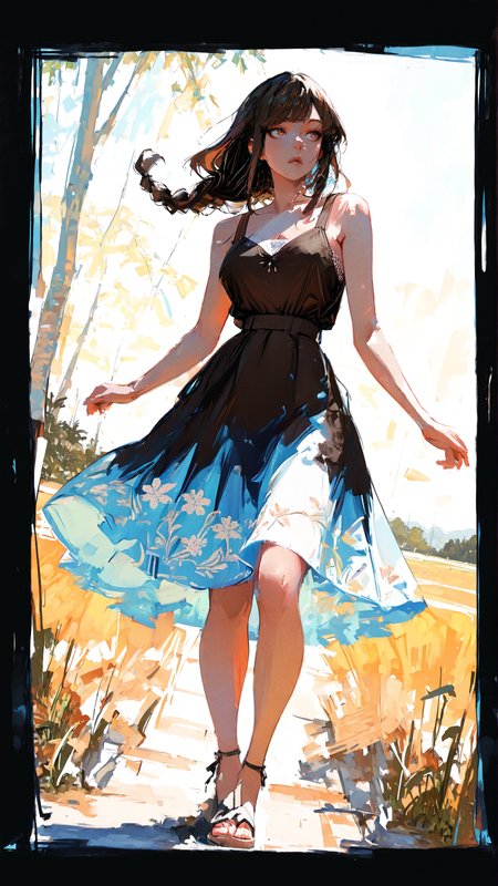 masterpiece, newest,absurdres,incredibly absurdres, best quality, amazing quality, very aesthetic, painterly, impressionism, 
1girl, field, dynamic pose, dutch angle, lone woman, trees, waist-length hair, straight with sharp layers, swept bangs, blunt sidelocks, twin braided strands framing face, subtle ombré from dark brown to copper, silky texture, elegant and dynamic style, curious, sleeveless blue maxi dress, floating fabric, warm light blue base with floral embroidery, fitted waist with ribbon tie, V-neckline with lace trim, subtle ruffle hem, flat sandals,
 <lora:Face_Enhancer_Illustrious:1> <lora:96YOTTEA-WAI:1> <lora:Forest_Decay_Style_ichi_sk:1>