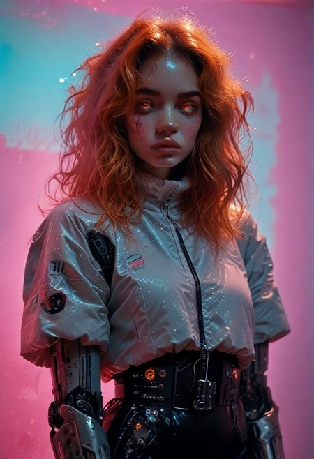 score_7_up, (score_9:1.1), (ugly:0.9),(pretty:1.4),1woman, adult, realistic, realism, hyper realistic, sparkling hair, floaty hair, wavy hair, (soft light coloured hair:1.3), (red iris, glowing iris, neon white pupils:1.3), looking at viewer, big hair, huge afro, zero gravity hair, detailed, perfect, perfection, hands, big scar across face,
BREAK,
((extra_puffy_jacket, black skirt, glossy lips, shiny skin)), full lips, hands behind back, (upper body:1.9),  blocky shape cybernetics, cybernetics, cybernetic skin, raised eyebrow, pale skin, ((snub nose:1.4)), breasts, (prominent abs:1.1), focus upper body,  sweating, 
BREAK,
(neon background, future slums, neon, cybernetic background, mist:1.3),(cybernetic mechanical arm, prosthesis:1.3),