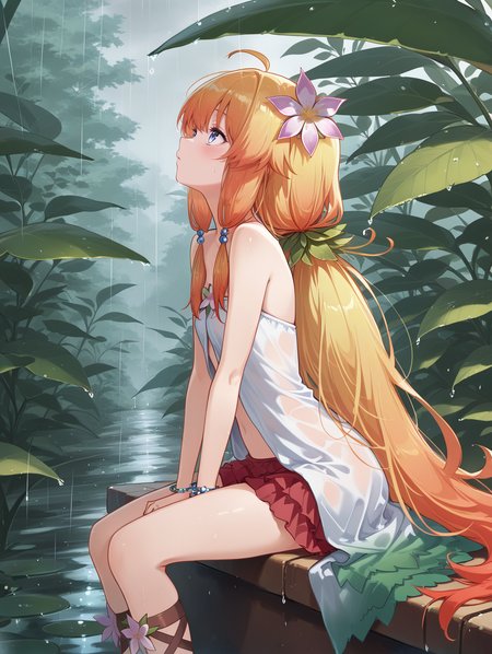 leaf hair ornament,plant girl,traptrix nepenthes,1girl,solo,sitting,pink hair flower,bracelet,white strapless dress,looking up,red skirt,brown legwear,from side,rain,sitting on nepenthes,nepenthes,plant,nature,sketch,
masterpiece,best quality,amazing quality,very aesthetic,absurdres,newest,<lora:Traptrix Nepenthes illuXL v1.2:0.82>,
