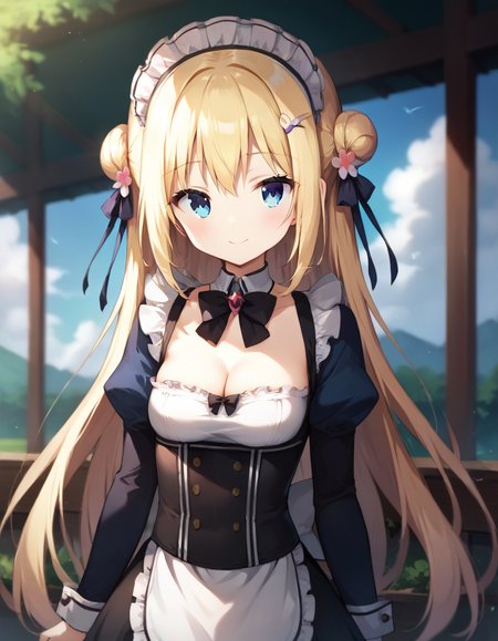 score_9,score_8_up,score_7_up,score_6_up BREAK official art,solo,outdoors,smile,upper body,(portrait:1.5),looking at viewer,facing viewer,Komari Yui,maid headdress,blonde hair,very long hair,double bun,hair flower,hair ornament,frills,sidelocks,bangs,blue eyes,maid,black bow,puffy detached sleeves,long sleeves,cleavage,small breasts,skirt,zettai ryouiki,black thighhighs,loafers,<lora:Komari Yui(ksak)-Pony>,<lora:Smooth Anime Style LoRA XL:0.8>,