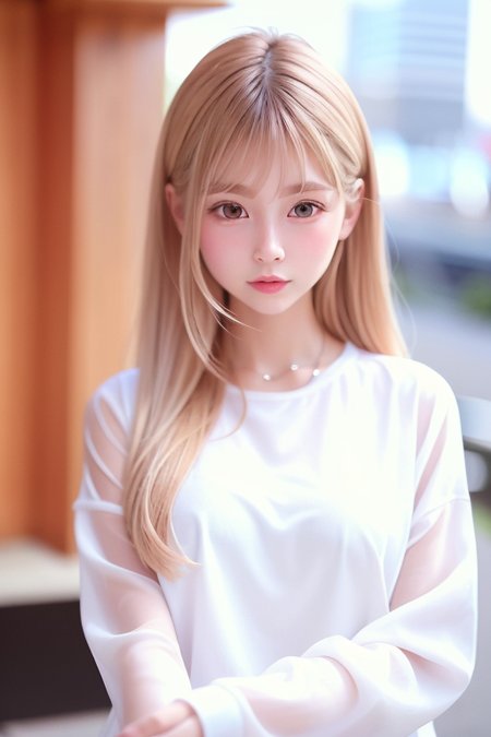 best quality, white skin, real human skin, (detailed face), oval face, pores, ultra high res, 1girl, slim, (looking at viewer with a serene and goddess-like happiness:1.2), ( lipgloss, eyelashes, gloss-face, best quality, ultra highres, Broad lighting, natural shading), oversized jacket, fashion shirt,  cityscape,  <lora:EastAsiaDollLikeness_V4:0.85>