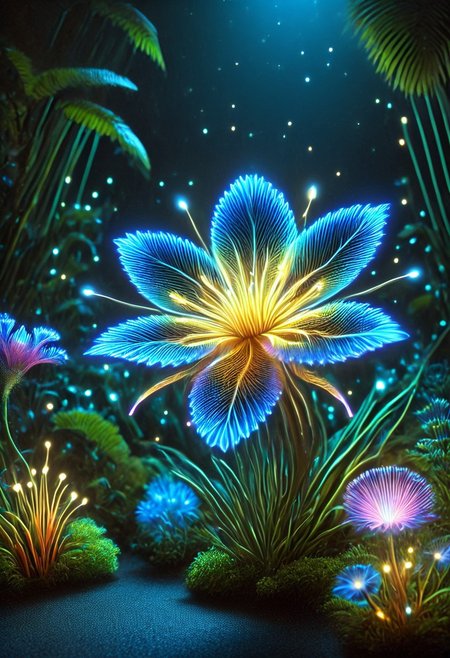 score_9, score_8_up, score_8, masterpiece, high detailed, very detailed,  HD, best quality, hyper detailed, ultra detailed, super realistic, close-up, macro 100mm, macro photography,
 incredibly beautiful Bioluminescent flowers in bright and saturated colors. Let it be a magical garden filled with exotic plants and bright buds. Add a soft light that creates an atmosphere of calm and harmony. Include a variety of shapes and textures of colors to emphasize their beauty and uniqueness. The background can be blurred to focus on the colors. 
dynamic angle, dynamic lighting,