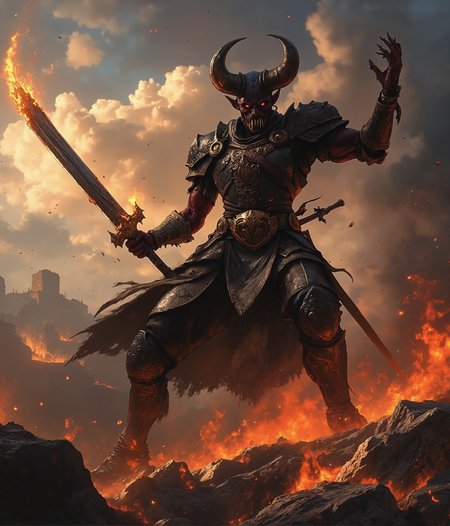 wide shot of a demonic demon warlord, wearing a black and fiery full plate armor,(swinging a massive flaming sword) fires of hell, chitinous skin, scars, wings, fighting pose, bones, blood splats, rocky battlefield, epic, extreme close-up portrait, extremely detailed, masterpiece, 4k resolution, volumetric lighting, film grain, award winning art, cinematic photorealistic, 8k uhd natural lighting, raw, rich, intricate details, key visual, atmospheric lighting, 35mm photograph, film, bokeh, professional, 4k, highly detailed