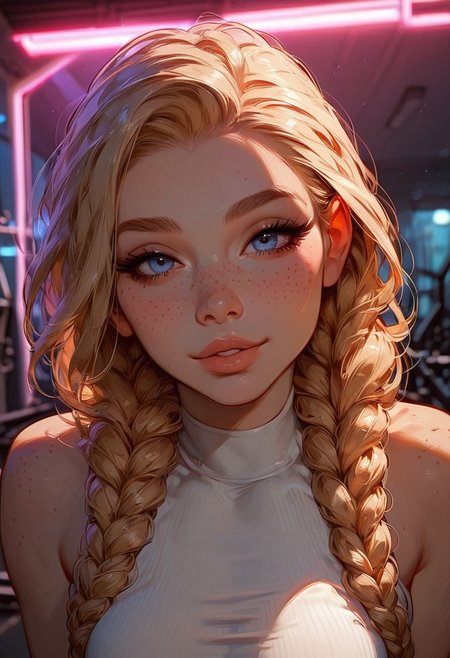 score_9, score_8_up, score_7_up, Expressiveh,
1girl, 20 year old girl, cute innocent, petite, fit body, muscular, ((freckles)), ((full pouty lips)), braided blonde hair, twin braids, tight (white sleeveless gym top), 
face closeup, detailed face, focus on face, looking at viewer, seductive smile,
indoors, gym, nighttime, dark outside, neon lights, depth of field, bokeh, g0thic,