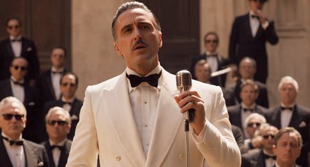 cinematic film still of  <lora:The Godfather Film Style:1.2>
a man in a white suit singing into a microphone The Godfather Film Style , shallow depth of field, vignette, highly detailed, high budget, bokeh, cinemascope, moody, epic, gorgeous, film grain, grainy