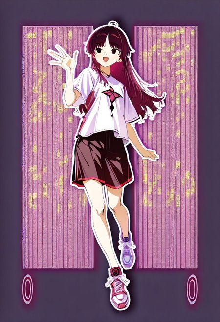 , score_9, score_8_up, score_7_up, 1girl, solo, colorfull, shorts, shirt, shoes, open mouth, short sleeves, smile, blush, bangs, :d, long hair, full body, t-shirt, sneakers, ahoge, looking away, hand up