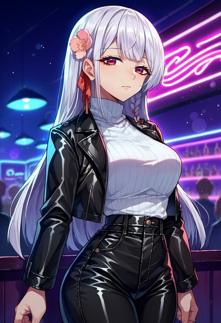 score_9, score_8_up, source_anime, 1girl, solo, FunadaUi, mole under mouth, white hair, long hair, blunt bangs, side braid, red hair ribbon, hair flower, cowboy shot, nightclub, neon lights, bokeh, depth of field, makeup, leather jacket, turtleneck, high waist pants, <lora:ChamFunadaUiPonyXL:1>