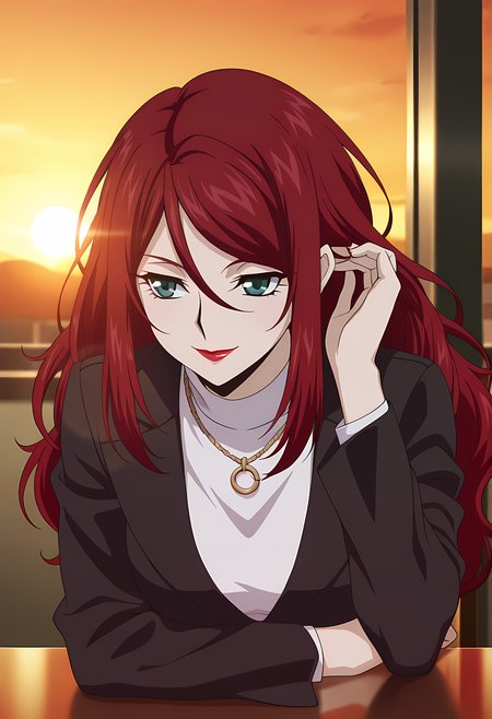 masterpiece,best quality,amazing quality,

1girl, solo,

Sophie Belle (Cardfight Vanguard), long hair, red hair, hair between eyes, green eyes, lipstick, red lips, makeup, jewelry, necklace, turtleneck, black jacket, white pants, high heels,

Smile, looking, hands on table, Fixing hair, 

cinematic, upper body, 

Sit, bar, afternoon, sunset, 

Lens flare, bloom,

Official style, anime screencap, anime coloring,
















