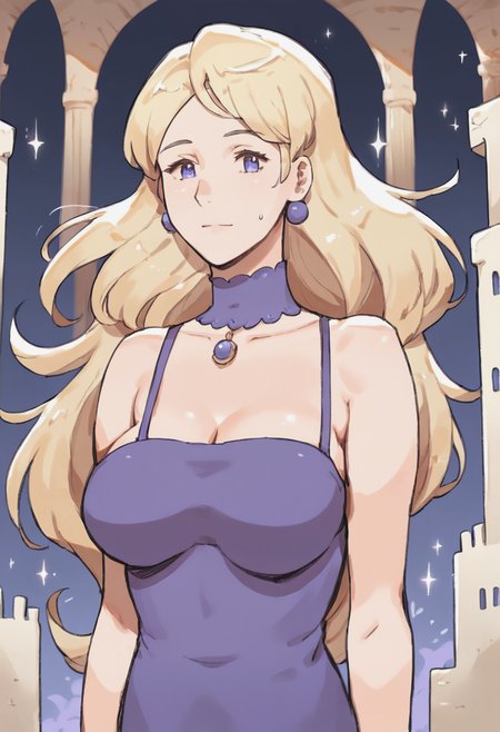 score_9, score_8_up, score_7_up, 1girl, large_breasts, mature_female, portrait, solo, looking_at_viewer, open_eyes, Pretending to push an invisible object, dutch_angle, (Purple Paletot), very long hair, bob, Blonde hair, floating castle, lower_body, rating_safe, <lora:pony\artist_styles\mizuiro_megane_pony:1.0>