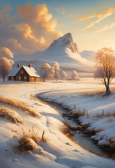A peaceful nordic winter countryside scene bathed in the warm glow of golden hour, where soft light transforms the landscape into a tranquil haven. Gentle palette captures the serenity of the moment, infusing the fields and sky with harmonious hues. Dreamlike quality adds an ethereal touch, blurring the lines between reality and imagination as clouds drift lazily overhead. Meanwhile, Boris Vallejo’s fantastical elements introduce a sense of wonder, perhaps featuring whimsical creatures or enchanting flora that invite the viewer to explore this idyllic setting. Together, these artistic styles create a serene composition that celebrates the beauty and magic of rural life, evoking a feeling of peace and contentment.
 (8k uhd:1,4)