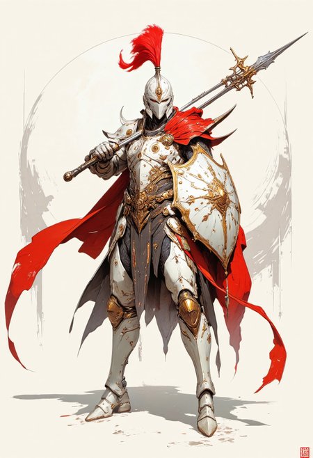 masterpiece, best quality, good quality, very aesthetic, absurdres, newest, armor, asymmetrical dual wielding, buckler, cape, dual wielding, full armor, full body, helmet, holding, holding polearm, holding shield, holding weapon, knight, lance, plume, polearm, red cape, shield, weapon, white armor, winged helmetï¼ Attack,
dynamic pose,
dynamic angle, retro_artstyle, retro,
FF Style <lora:ponyv6_noobV1_2_adamW-000017:0.7> <lora:USNR_STYLE_XL_lokr:0.5> <lora:MinimalColorSketchIllustriousV1:0.3> <lora:retro_scifi_artstyle_illustriousXL-000021:0.6>


, (((white sphere on background)))