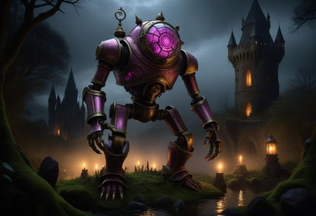 giant bipedal robot brass and dark pink striped paint, bronze paisley robot. lacy robot metal. glass jar helmet torso head. outside of a steampunk keep. large detailed torso. dark image. one forty foot tall ancient robot with great arms and two heavy spring legs. dark foggy night background. $dark foggy night image only. dark photo realistic image. steampunk details. cogs, chains and pipes incorporated in the fantasy buildings. magic wizards tower in background. Dark swamp, moss, castle ruins, wizards tower. stormy dark night.  stormy sky.  rain