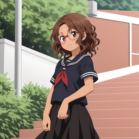 <lora:NBnSd_MariaSakaiXLpony001>,
solo,
MariaSakai,1girl,brown hair,wavy hair,medium hair,brown eyes,tan,
eyewear,
serafuku,black blue shirt,short_sleeves,
pleated_skirt,black skirt,
outdoors,
cowboy shot,