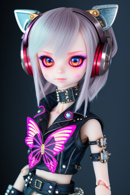 , <hypernet:char_DollfieCute:0.8>, Ruchona Dollfie, dark, A highly detailed portrait of a solo 1girl standing on a street corner, during a rainstorm with lightning strikes and a cloudy sky, neon and cyberpunk background, she is wearing punk clothes with silver chains and silver spikes, she has a butterfly wing hairclip in her wild hair, she has headphones and a necktie on, petite, detailed glowing red eyes with distinct pupils, ominous aura Halo, smile, punk, cyberpunk, backlighting, masterpiece, best quality, intricate detail, absurdres, chromatic aberration, depth of field, professional photography, soft lighting, tone mapped, highly detailed, sharp focus, dramatic lighting, intricate details, cinematic, 8K, incredible shadows, realistic, (highly detailed background:1.0), close-up