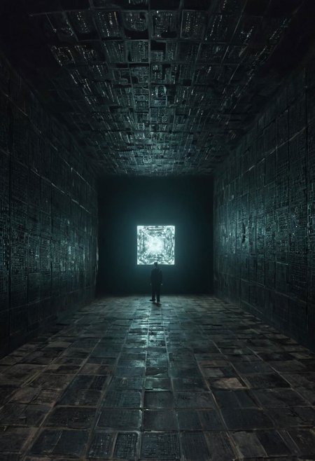 a matrix abyss by H.P. Lovecraft, a long floor into eternity, black reflecting tiles, dimmed lightning, vintage sci-fi led panels, electrical panels, neo pale man in the end of the floor, looking to viewer