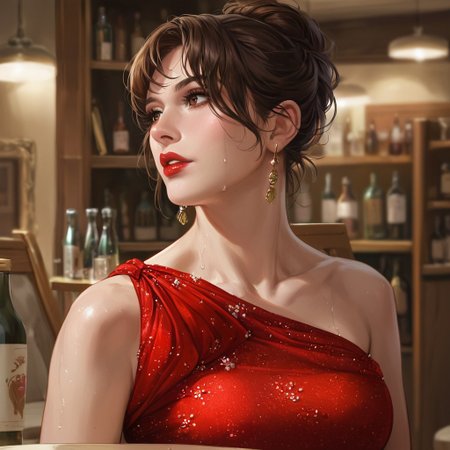 score_9, score_8_up, score_7_up, realistic, vivid realism, enhanced colors, 1girl, brown eyes, brown hair, bare shoulders, makeup, collarbone, parted lips, hair bun, single hair bun, short hair, breasts, lips, earrings, red dress, dress, looking to the side, bottle, bar (place), solo, upper body, blurry, blurry background, jewelry, indoors, sweat, red lips, lipstick