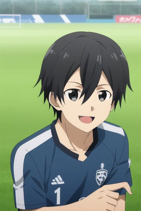 high resolution, professional photography, best quality, 1Boy, Kazuto Kirigaya, Black Hair, Black Eyes, Soccer Boy, soccer player, field, potrait, depth of field, happy, tired, celebration,