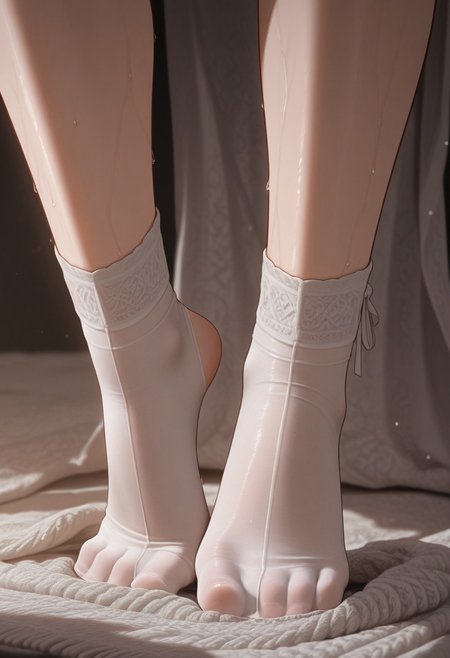 ultra-detailed, 8K resolution, (absurdres), RAW photo, cinematic lighting, aesthetic composition,
Solo 1girl: (slender build, late 20s, captivating gaze), partially undressed, focus on legs,
Dynamic pose: One leg raised high vertically (pointing upwards), foot still fully encased in translucent sheer nylon tights. The other leg bare, foot planted firmly. The tights from the raised leg have been partially rolled down, now hanging loosely, bunched and gathered around the ankle and lower calf of the raised leg, creating heavy draping and intricate folds. The sheer nylon clings tightly to the raised foot, emphasizing its shape and the texture of the material. The contrast between the bare leg and the nylon-clad foot is stark.
Textures: Hyperrealistic sheer nylon texture on foot (slight sheen, skin visible underneath, fine knit pattern discernible), crumpled and gathered nylon fabric with deep, soft folds casting subtle shadows around the ankle/calf of raised leg. Smooth skin on bare leg.
Artistic Focus: Extreme close-up on the raised foot and the gathered tights. Shallow depth of field (f/1.2), background heavily blurred to bokeh. Emphasis on the tactile quality of the nylon, the tension of the fabric on the foot, and the weight of the gathered material. 
Aesthetic: Sensual, elegant, intimate, voyeuristic, high-fashion editorial, texture study. Moody, atmospheric. light, and material, (face in the frame), foot fetish, wet nylon, wet feet, sweat, sweaty girl, lathered up