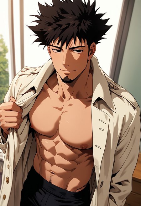 score_9, score_8_up, score_7_up, score_6_up, perfect anatomy, perfect proportions, best quality, masterpiece, high_resolution, high quality, solo male, Genma Shizume, black hair, (medium hair, slight spiky hair, spread hair:1.4), black eyes, (sideburns, facial hair, chinstrap beard, jawline beard:1.2), (beige trench coat, open trench coat, long coat:1.3), bare chest, bare abdomen, pecs, abs, black pants, adult, mature, masculine, manly, handsome, charming, alluring, seductive, calm eyes, smile, (perfect eyes, perfect mouth), undressing, upper body, cowboy shot, (dutch angle), look at viewer, view from side, photo background