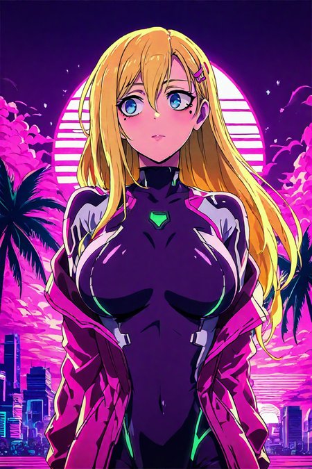 score_9, score_8_up, score_7_up, score_6_up, score_5_up, score_4_up, <lora:Miu_Furinji-000006:0.7> , miu, blonde hair, long hair, blue eyes, mole under right eyes, slim waist, large breast, pink jacket, purple bodysuit, hairclip, 1girl, solo, alone, <lora:Vaporwave_anime_style_illustriousXL:1>, vaporwave_style, vaporwave,  sun background, horizontal striped sun, palm tree,  pink cloud, building, masterpiece, highres