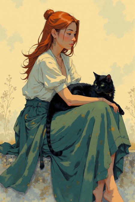 <lora:Fancha_style_v.5:0.75> Fancha style. This digital hyperrealistic painting portrays a moment of quiet contemplation, featuring a mediterranean  woman seated gracefully with a majestic black cat resting beside her. She is dressed in an elegant summer dress, its luxurious folds rendered in rich, flowing shades of deep blues, greens, and muted purples that cascade down around her. Her posture, with her head resting thoughtfully and her gaze directed off to the side, suggests introspection. She has long, glossy, flowing red hair. The dress's fabric, particularly around her waist and lap, is detailed with delicate, swirling patterns, reflecting a soft, intricate design that contrasts beautifully with the broader, more fluid brushstrokes used throughout the composition. The background is a dreamlike blend of pastel colorsâsoft golds, creams, and touches of violetâthat melt together, creating an abstract yet warm atmosphere that surrounds her. This hazy, diffused backdrop enhances the woman's solitude and introspective mood, without drawing attention away from her. The black cat with sleek, glossy fur, lying relaxed, slightly angled towards the viewer, adds a narrative element to the painting, suggesting a reflective moment after an emotional performance. The soft, impressionistic style of the brush-work around the cat and the fabric creates a sense of lightness and movement, as if the scene captures a fleeting, delicate moment in time. Her expression is serene yet distant, with a gentle smile, emphasizing the calm stillness of the scene. The lighting is subtle and diffuse, casting a gentle glow on her skin and the folds of her dress, enhancing the softness of the overall composition. The painter's technique, blending fine details with looser, expressive strokes, lends the painting an ethereal quality, as though the subject is wrapped in a moment of personal reverie, suspended in time and space. The overall mood is one of calm reflection, balanced by the elegance of the woman and the quiet presence of the cat, evoking a harmonious blend of music, emotion, and artistic serenity.